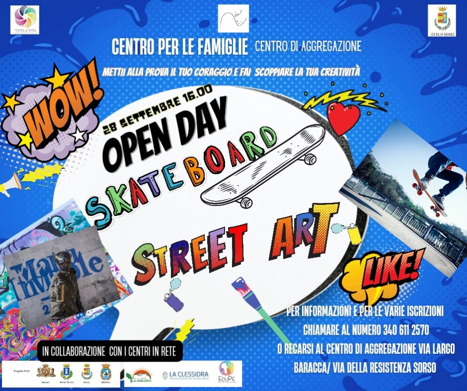 Stasera, 28 settembre, open day al Centro per le Famiglie di Sorso sui corsi di street art e di skate board