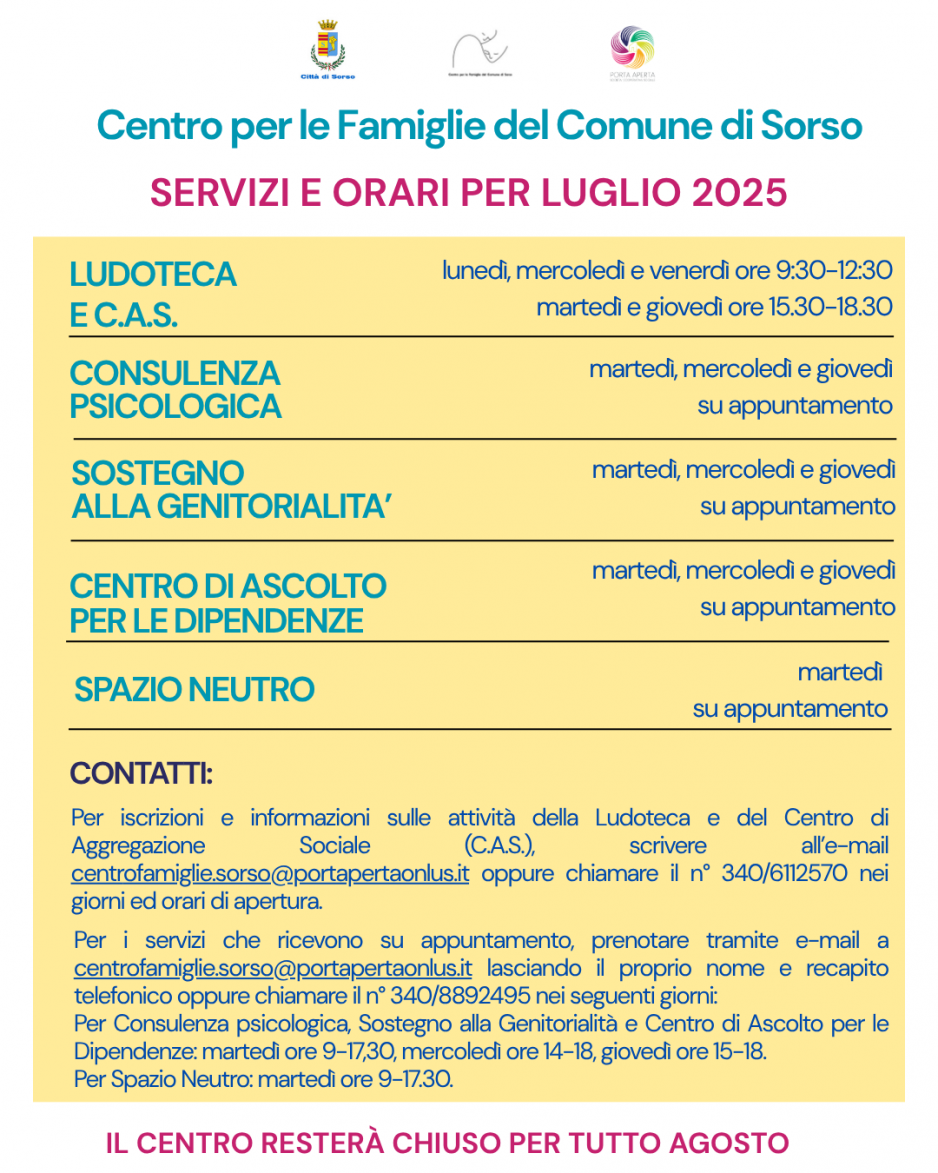 Orari di luglio del Centro per le Famiglie di Sorso