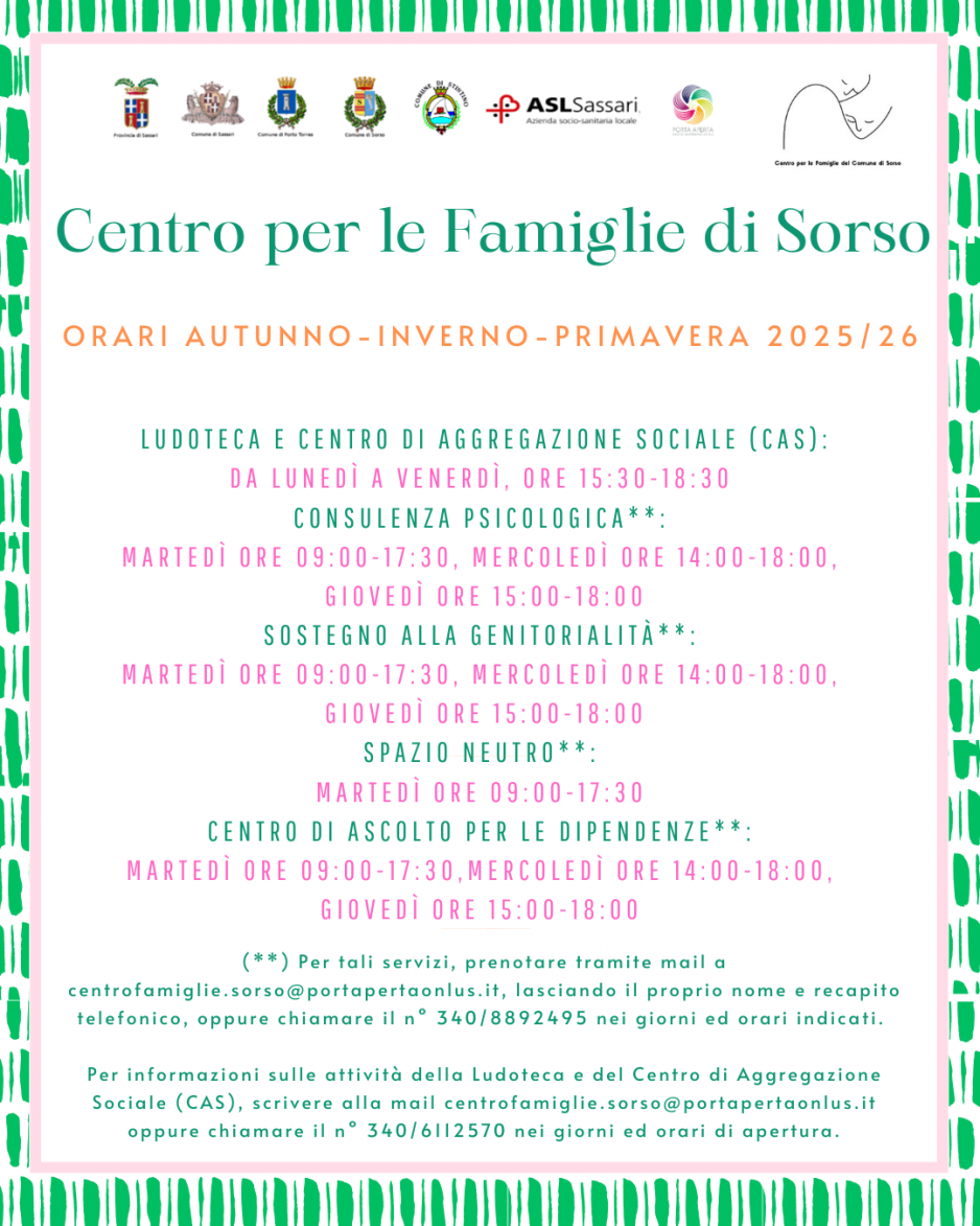 I nuovi orari del Centro per le Famiglie di Sorso