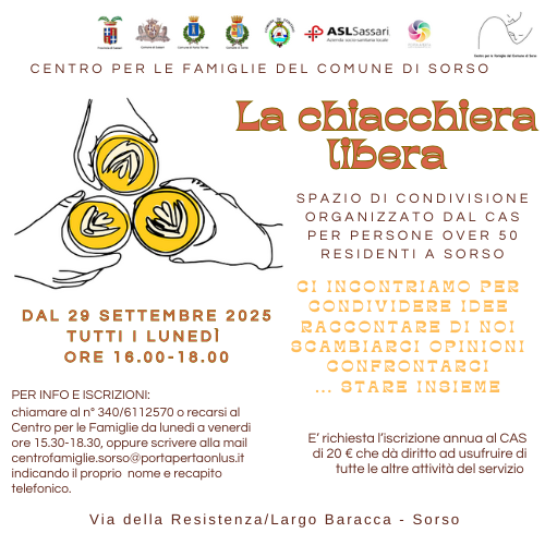 29 settembre: ritorna lo spazio di incontri “La chiacchiera libera” al Centro per le Famiglie di Sorso