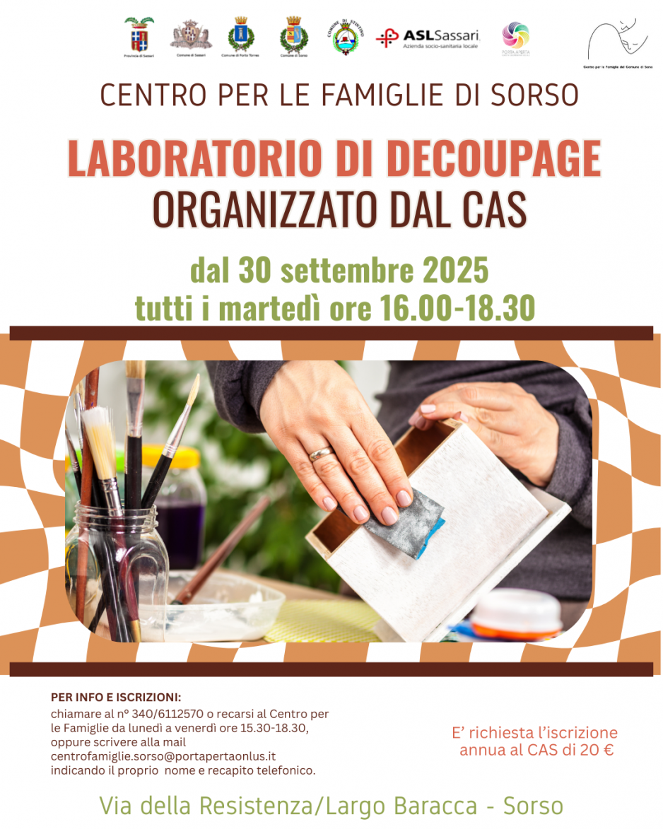 30 settembre: riparte il laboratorio di Decoupage al Centro per le Famiglie di Sorso