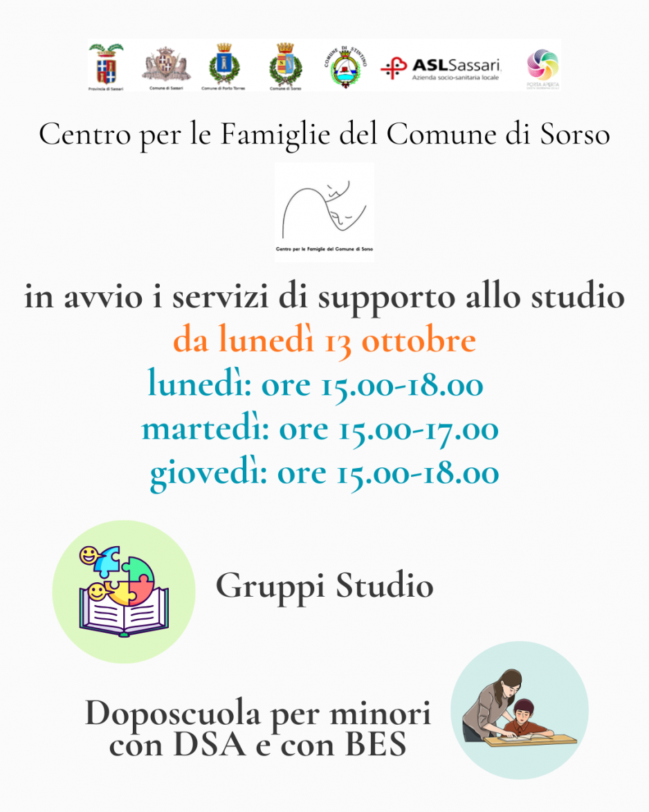 In avvio dal 13 ottobre i servizi di supporto allo studio al Centro per le Famiglie di Sorso